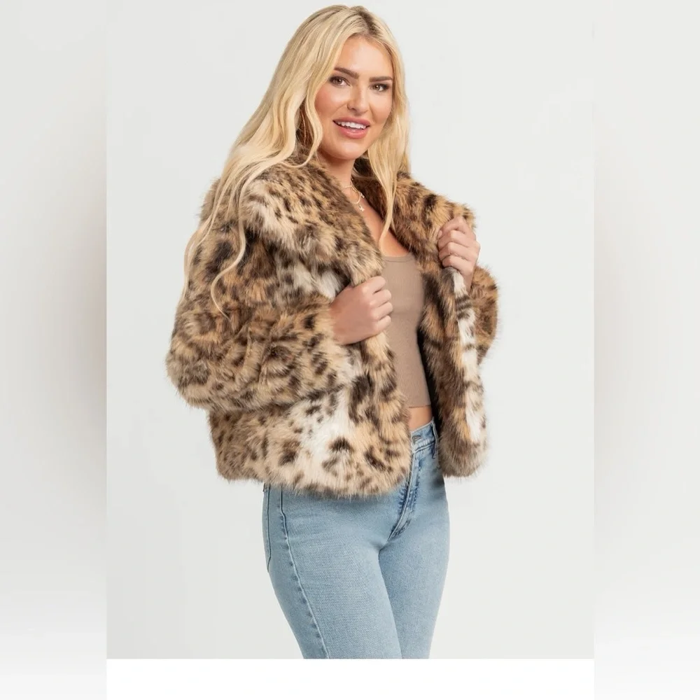 NWT XS Jessica Simpson Leopard Print Faux Fur Jacket - Picture 2 of 7